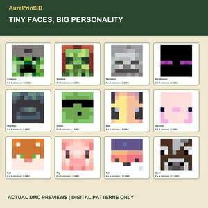 Tiny Faces, Big Personality: twelve actual numbered DMC motif previews from the Minecraft cross stitch pack. Pixel diagrams with stitch dimensions and DMC color counts; digital patterns, no supplies.