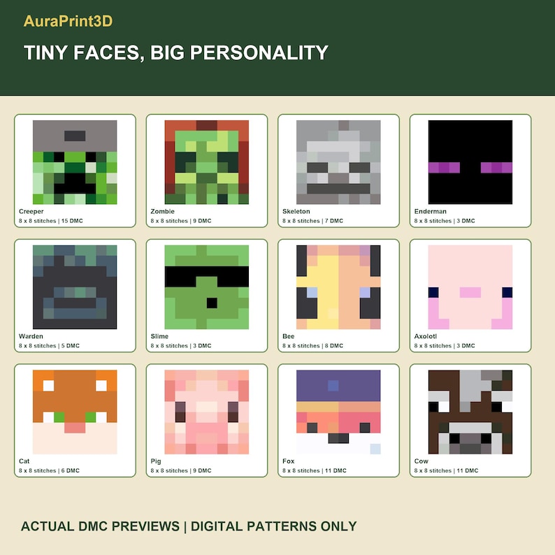 Tiny Faces, Big Personality: twelve actual numbered DMC motif previews from the Minecraft cross stitch pack. Pixel diagrams with stitch dimensions and DMC color counts; digital patterns, no supplies.
