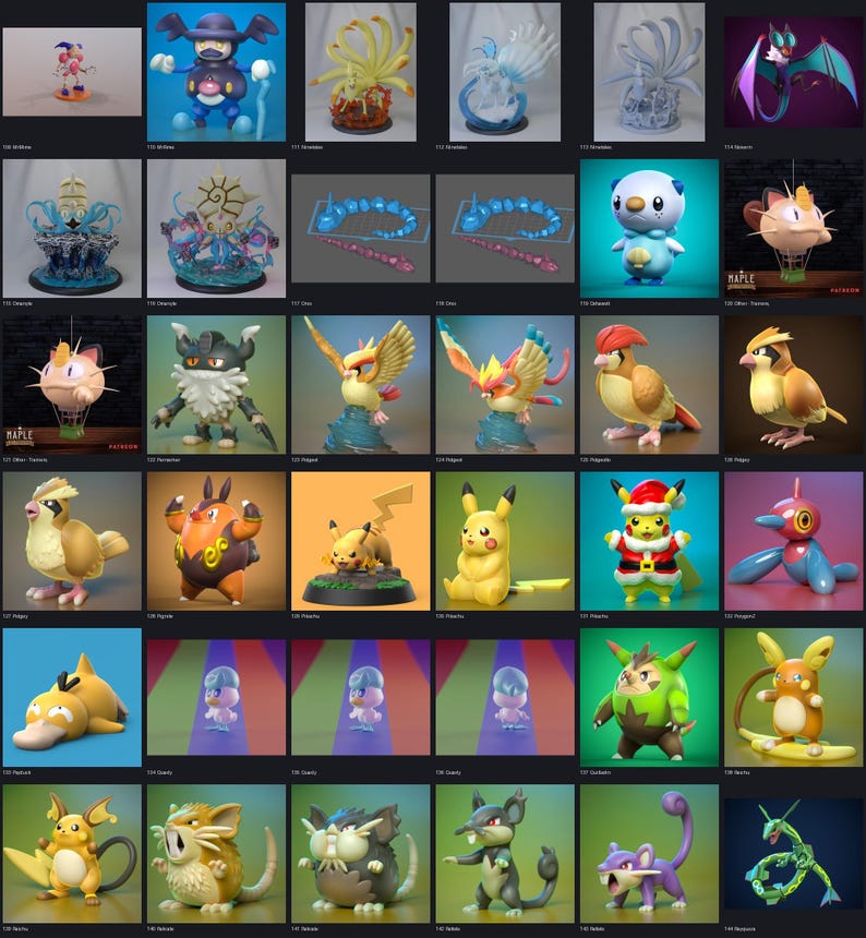 Folder preview of the organized 1200+ Pokemon STL pack, showing Hydreigon, Jigglypuff, Jolteon, Lucario, Lugia, Mew, Mewtwo and more named folders