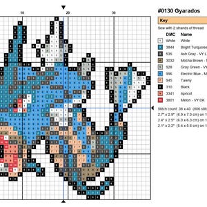 Gyarados Pokemon cross stitch pattern chart with DMC color key