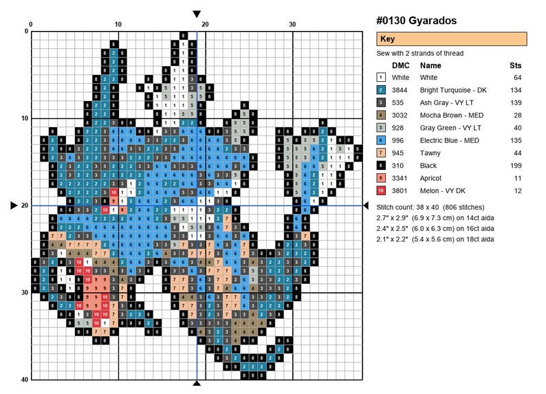 Gyarados Pokemon cross stitch pattern chart with DMC color key
