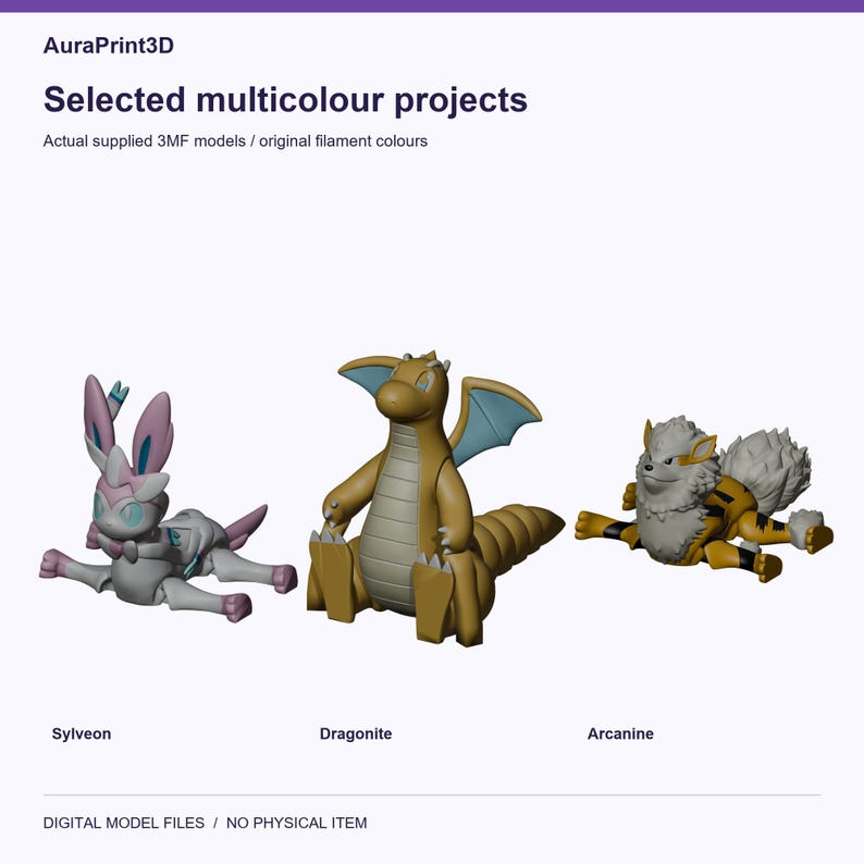 Selected multicolour projects: Sylveon, Dragonite, Arcanine. Real model renders using colours from included 3MF projects.
