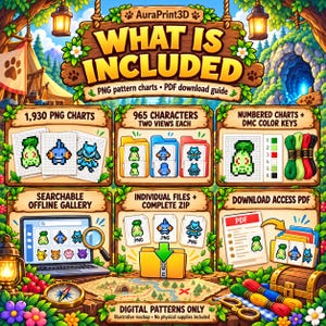 What is included in the Mystery Dungeon cross stitch pack: 1,930 PNG charts for 965 characters with two views each, numbered charts and DMC color keys, searchable offline gallery, individual files, complete ZIP and access PDF. Illustrated digital-product mockup.