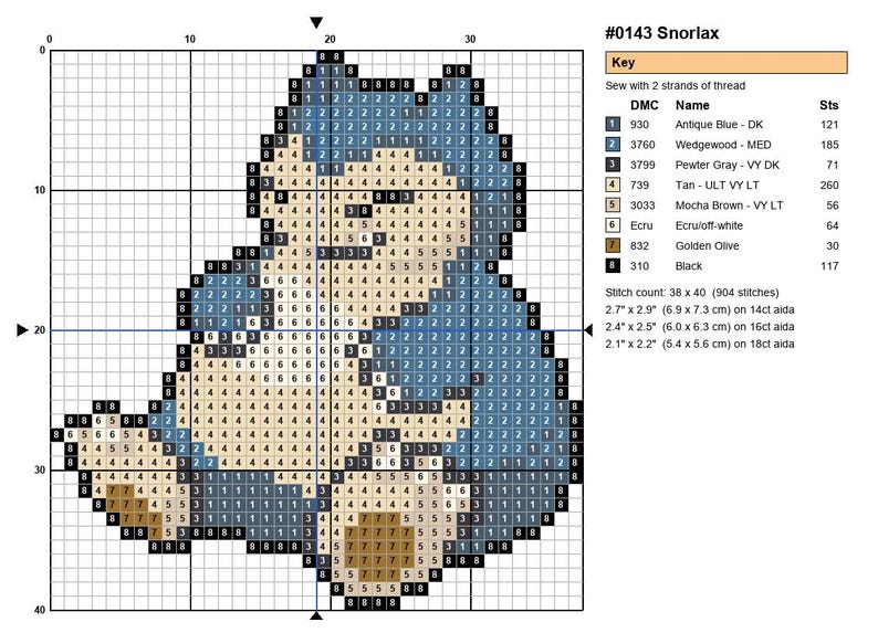 Snorlax Pokemon cross stitch pattern chart with DMC color key