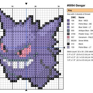 Gengar Pokemon cross stitch pattern chart with DMC color key