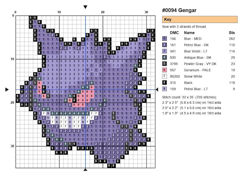 Gengar Pokemon cross stitch pattern chart with DMC color key