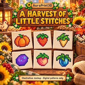 Illustrative crop sampler featuring pumpkin, strawberry, parsnip, blueberry, melon and ancient fruit.