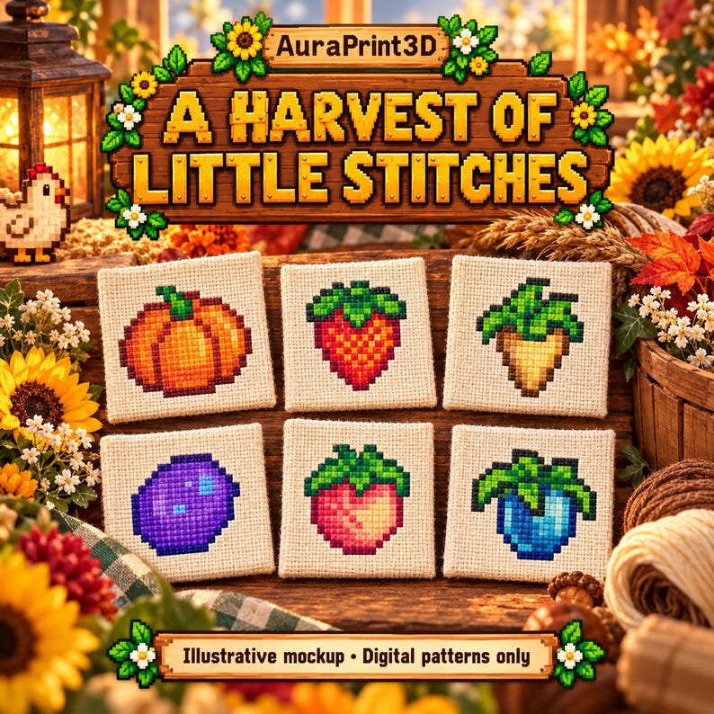 Illustrative crop sampler featuring pumpkin, strawberry, parsnip, blueberry, melon and ancient fruit.