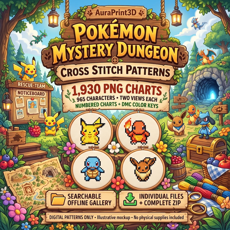Illustrated Mystery Dungeon cross stitch cover: 1,930 PNG charts for 965 characters, numbered DMC keys, four embroidery hoops, an explorer village and offline gallery and ZIP features. Digital patterns only; illustrative mockup.