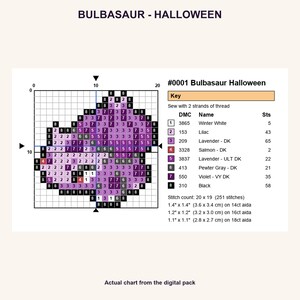 Bulbasaur Halloween Pokemon cross stitch PNG chart showing numbered stitches, DMC floss key, stitch count and finished sizes for 14, 16 and 18 count Aida.