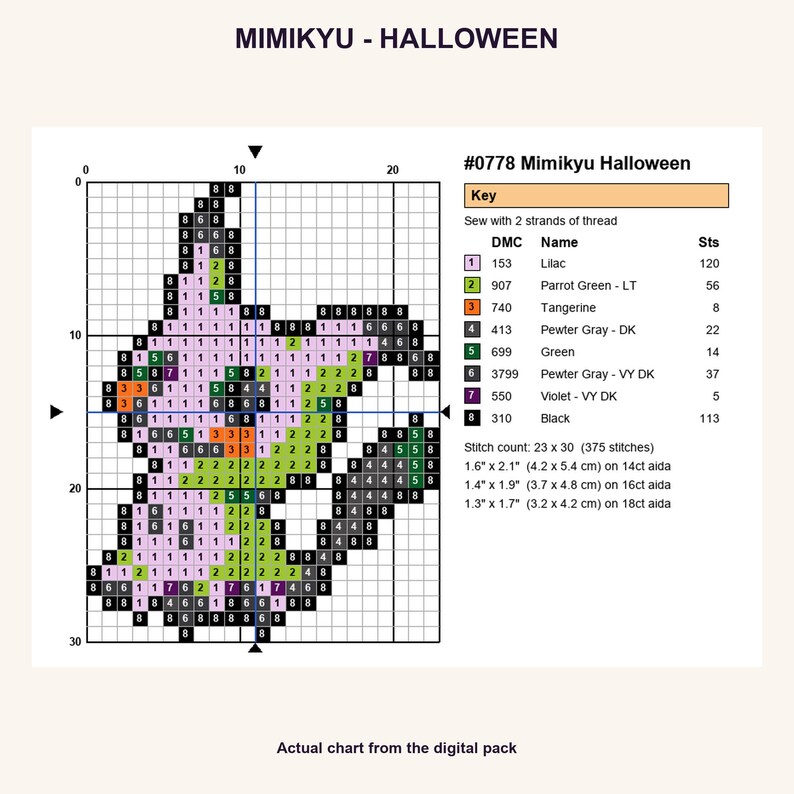 Mimikyu Halloween Pokemon cross stitch PNG chart showing numbered stitches, DMC floss key, stitch count and finished sizes for 14, 16 and 18 count Aida.