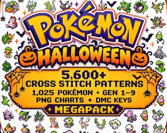 Pokemon Cross Stitch Patterns: Halloween Pack, 5,634 PNG Charts with Numbered DMC Keys