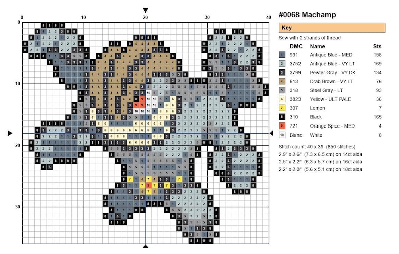 Machamp Pokemon cross stitch pattern chart with DMC color key