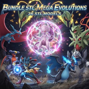 36 Pokemon Mega Evolution STL Bundle cover, Charizard X/Y, Mewtwo X/Y, Rayquaza and more, commercial license
