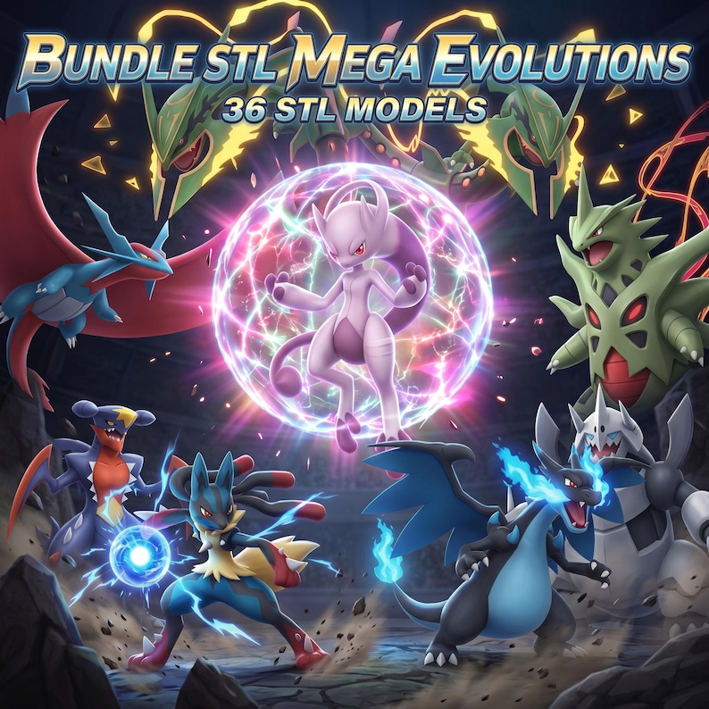 36 Pokemon Mega Evolution STL Bundle cover, Charizard X/Y, Mewtwo X/Y, Rayquaza and more, commercial license