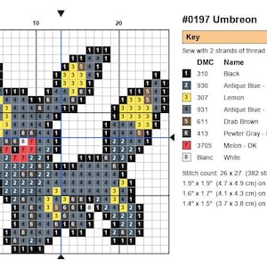 Umbreon Pokemon cross stitch pattern chart with DMC color key