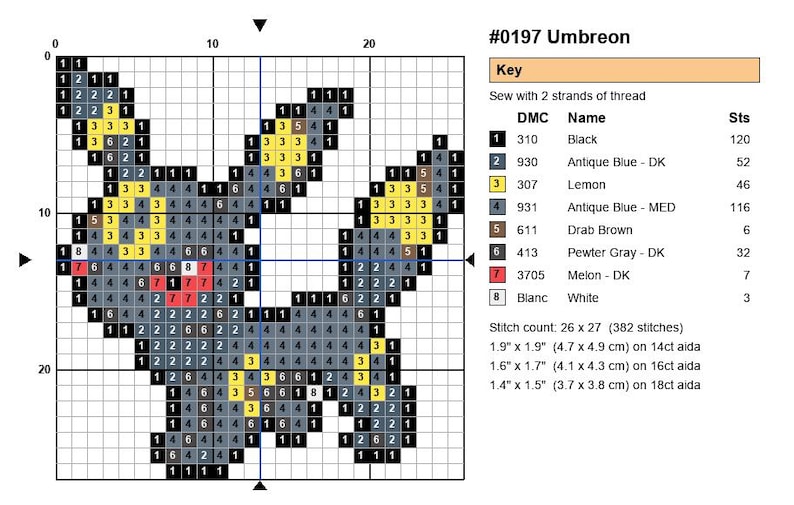 Umbreon Pokemon cross stitch pattern chart with DMC color key