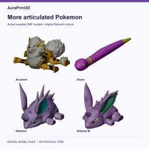 More articulated Pokemon: Arcanine, Ekans, Nidorino, Nidoran M. Real model renders using colours from included 3MF projects.