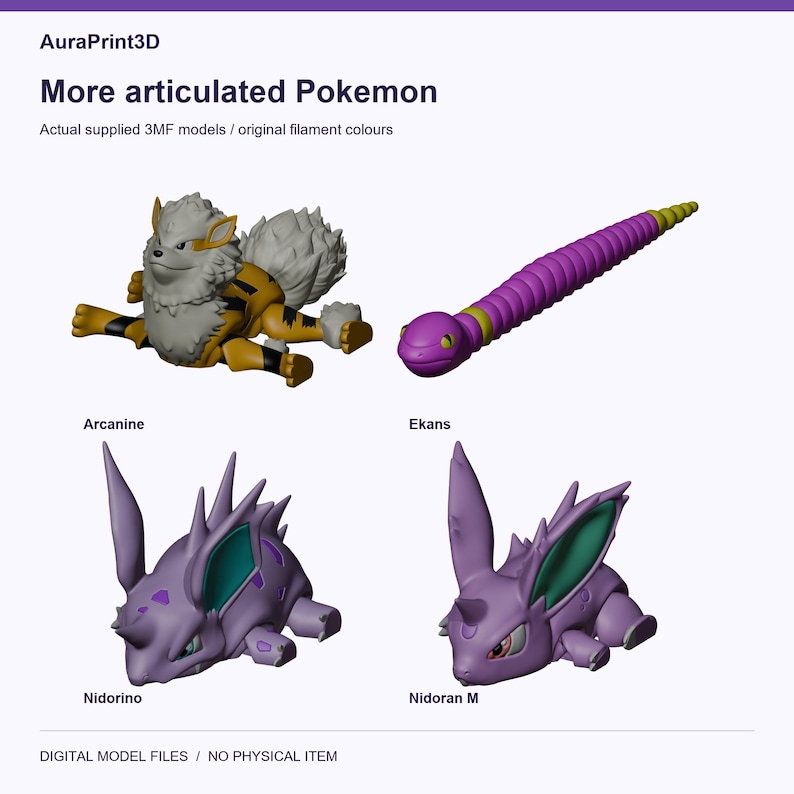 More articulated Pokemon: Arcanine, Ekans, Nidorino, Nidoran M. Real model renders using colours from included 3MF projects.