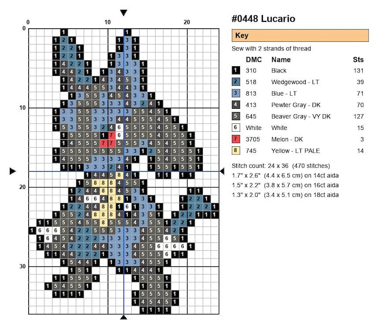 Lucario Pokemon cross stitch pattern chart with DMC color key