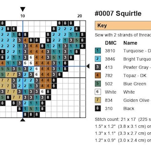 Squirtle Pokemon cross stitch pattern chart with DMC color key