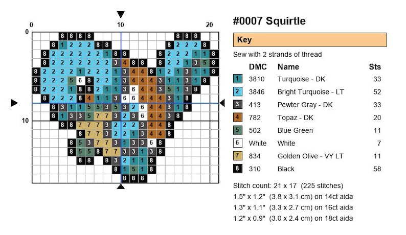 Squirtle Pokemon cross stitch pattern chart with DMC color key