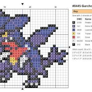 Garchomp Pokemon cross stitch pattern chart with DMC color key