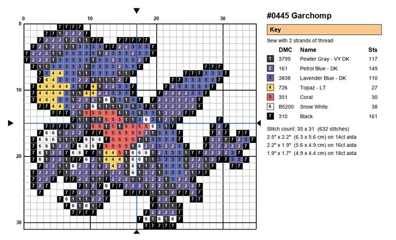 Garchomp Pokemon cross stitch pattern chart with DMC color key