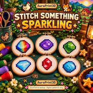 Illustrative gem cross stitch sampler with colorful minerals inspired by Stardew Valley.