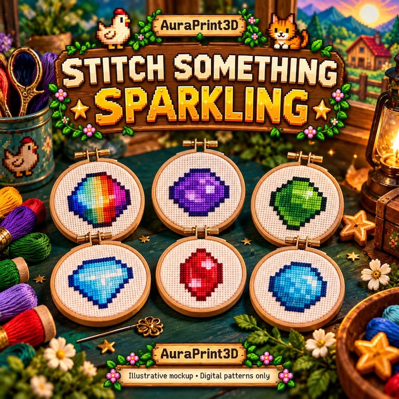 Illustrative gem cross stitch sampler with colorful minerals inspired by Stardew Valley.