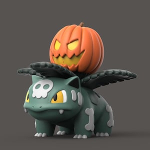 Halloween Ivysaur Pokemon STL figure with jack-o-lantern and skull design, 3D printable model