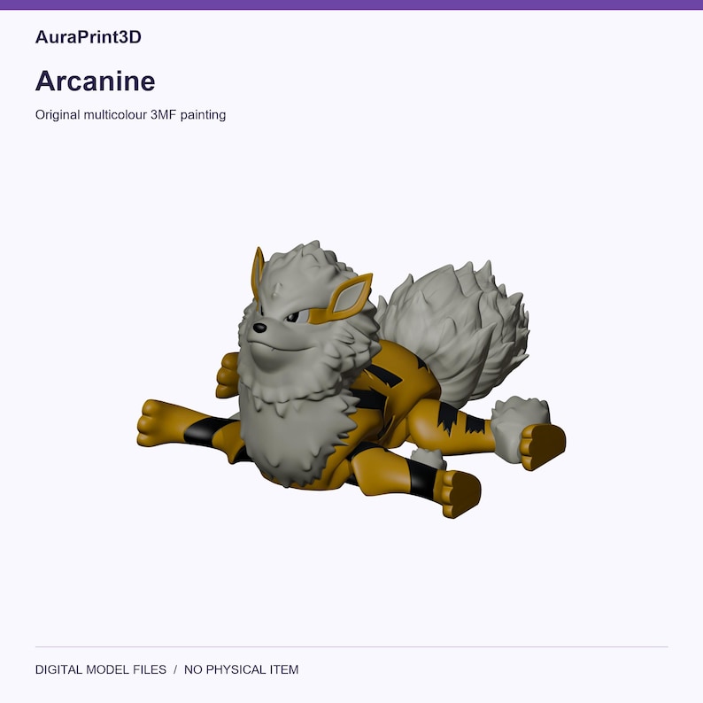 Arcanine actual included 3D model rendered in colour. Colours recovered from its supplied 3MF project.