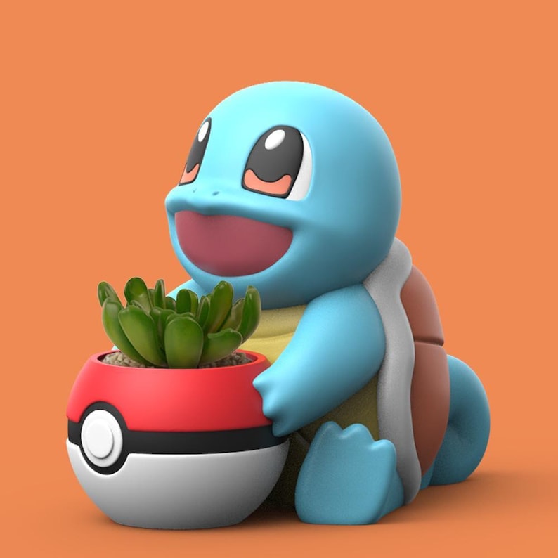Squirtle Pokemon STL succulent planter figure holding a Pokeball pot, 3D printable model