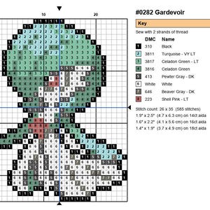 Gardevoir Pokemon cross stitch pattern chart with DMC color key