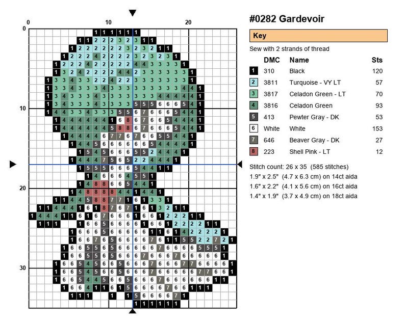 Gardevoir Pokemon cross stitch pattern chart with DMC color key