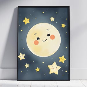 Smiling Moon Nursery Print: Beige Watercolor Night Sky (Digital Download