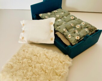 Miniature Wooden Bed Set with Bedding & Pyjamas – 1/12 Scale Dollhouse Furniture
