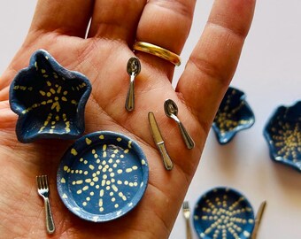 Miniature blue ceramic dinner set, 1:12 Scale