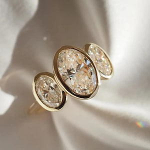 Oval Cut Diamond Ring, Bezel Set Engagement Ring, Yellow Gold Ring, Unique Three Stone Bridal Ring Moissanite Diamond Ring, Anniversary Gift