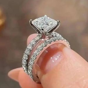 Princess Cut Moissanite Engagement Ring Set, Pave Wedding Band, 14k White Gold Bridal Set, Square Diamond Ring, Anniversary Gift for Her