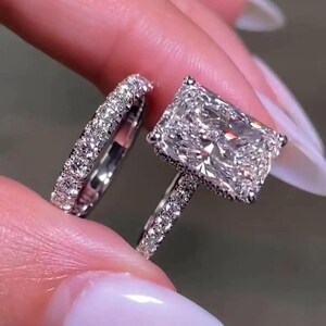 3 CT Radiant Moissanite Wedding Ring Set, Radiant Engagement Ring Set, 14K White Solid Gold Bridal Ring Set, Anniversary Ring Gift For Her