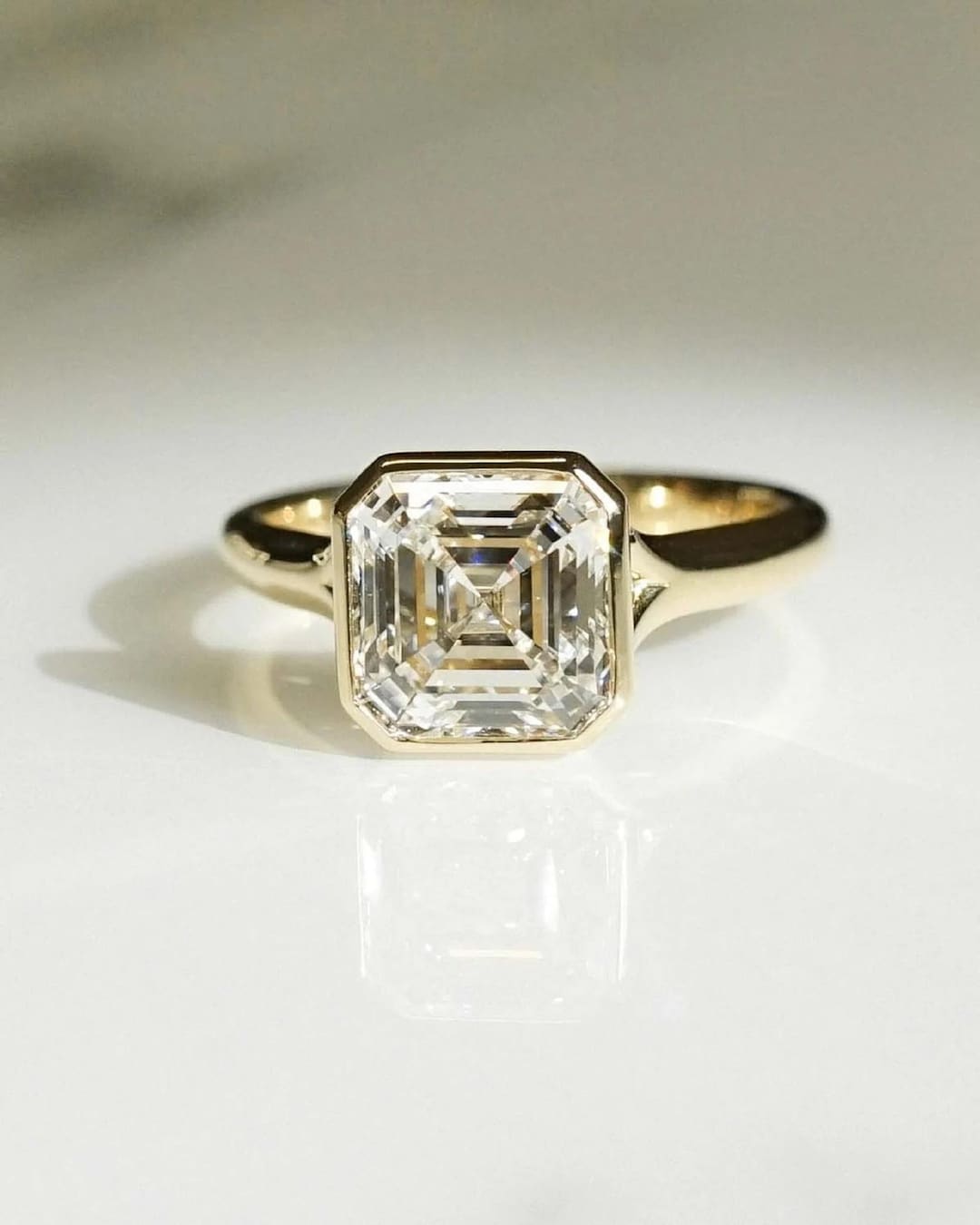 14K Yellow Gold Asscher Cut Bezel Ring • Dainty Solid Gold Asscher Ring ...