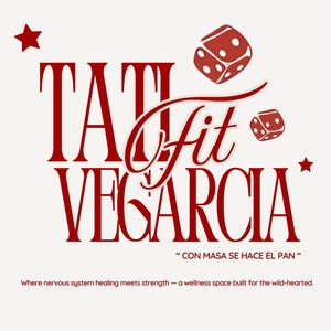 May include: A workout guide cover with the text "Tati Fit Vegarcia" in red, along with dice illustrations and stars. The text "CON MASA SE HACE EL PAN" is also included. The bottom section reads "WORKOUT GUIDE" and "FATIMA VEGA GARCIA".