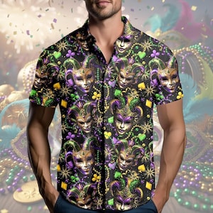May include: Short-sleeved button-down shirt with a repeating pattern of Mardi Gras masks in purple, green, and gold on a black background. The shirt features a classic collar and is made of a lightweight fabric.