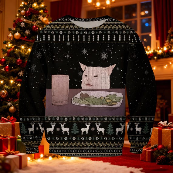 Woman Yelling at a Cat Meme Ugly Christmas Sweater, Funny Smudge
