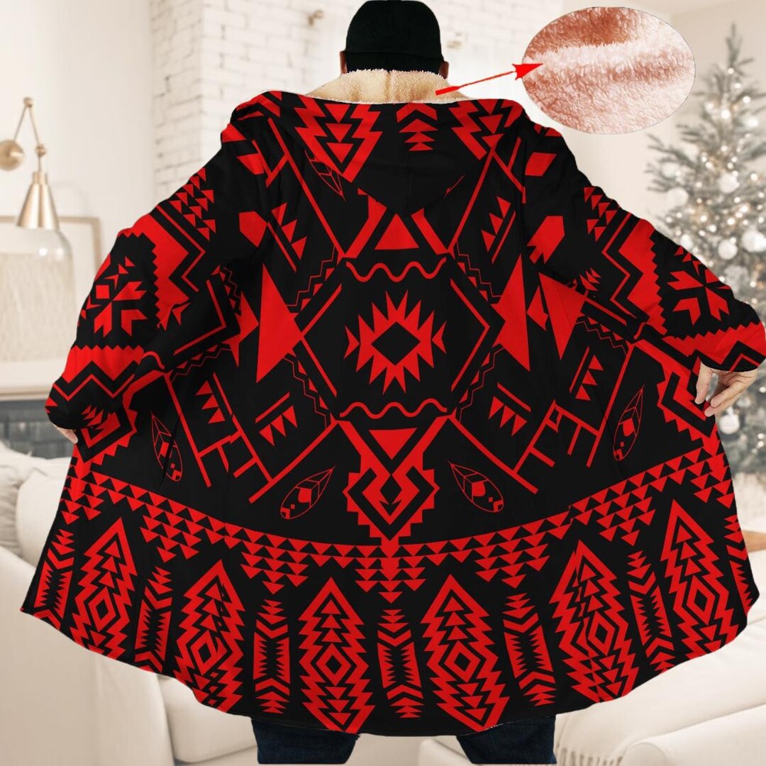 Red Tribal Cloak, Aztec Hooded Blanket, Geometric Fleece Coat, Boho ...