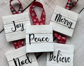 Christmas Ornament Farmhouse Set of 5, Hand-made Wood Word Tree Ornaments