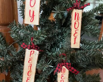 Set of 4 Birch log word ornaments