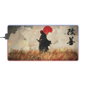 D.M. RGB LED Gaming Desk Mat - Samurai Design, Gaming Accessory, Desk Decor, Gift for Gamers, Aesthetic Office Supplies