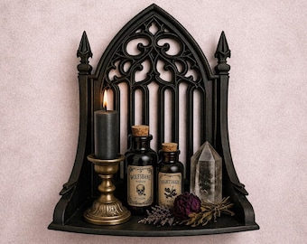 Gothic Cathedral Arch Wall Shelf: Black Witchy Decor, Doll Display